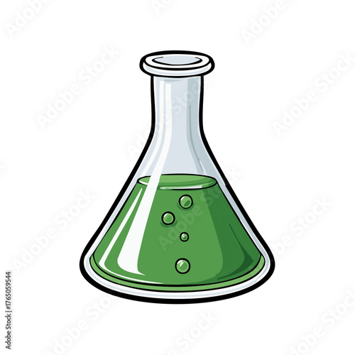 Cartoon chemistry lab flask with green liquid and bubbles for science experiments