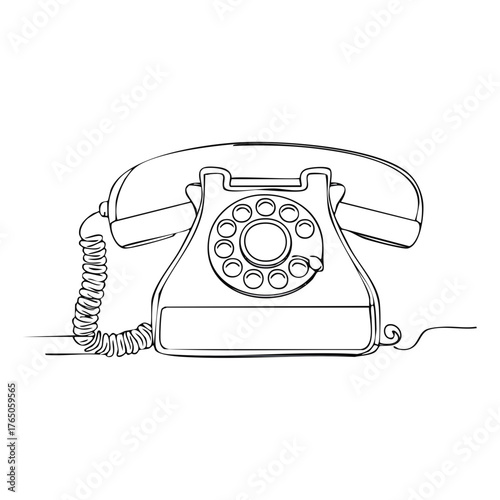 Line art of a rotary dial telephone with handset and coiled cable on a surface. Design in black and white.
