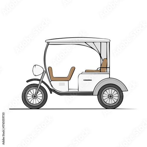 Illustration of a White Electric Cart Tricycle, a Passenger Vehicle for Resort or Golf Course Mobility