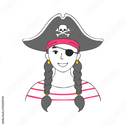 Female pirate with skull hat, striped shirt, and braids, isolated on white