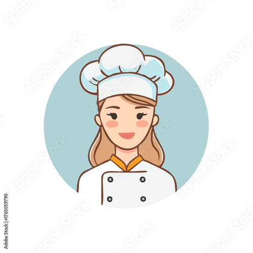 Cartoon female chef in uniform and toque smiling against a light blue circle