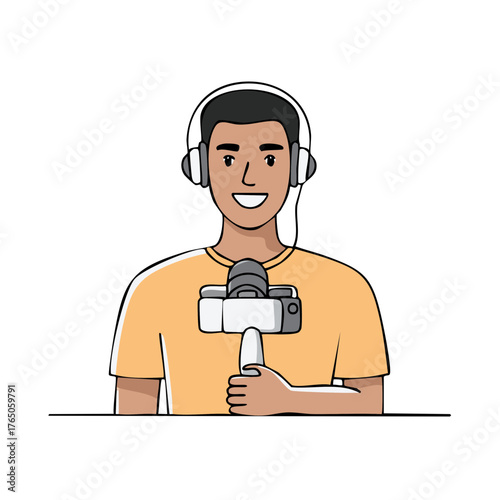 Happy male content creator wearing headphones holding a microphone for podcast or streaming broadcast