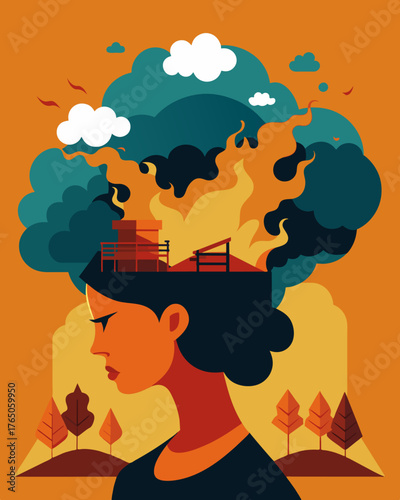 A burst of fire smoke and burning bridges erupting out of a persons head showing the destructive impact of prolonged stress on personal relationships.. Vector illustration