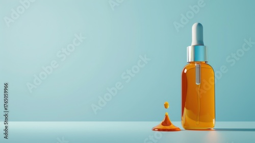 Dropper Bottle with Amber Liquid and Droplet on Light Blue Background