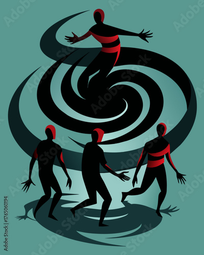 A group of shadows seem to swirl and entwine their movements mirroring the actions of a person caught in their grasp.. Vector illustration
