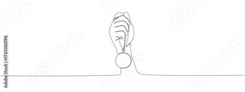 Single line art of hand lifting a trophy. Simple continuous drawing concept for winner celebration, leadership, success and sport achievement design.