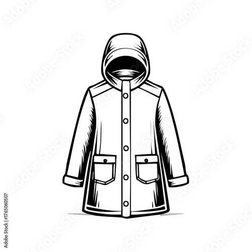 Hooded Raincoat Illustration, Weatherproof Jacket Outline, Waterproof Outerwear Design