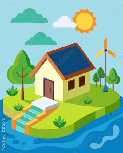 A seaside cottage powered by a mix of solar panels and hydropower from a nearby stream enjoying the best of both renewable energy sources.. Vector illustration