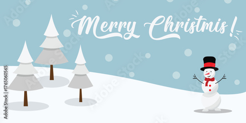 Merry Christmas Winter Banner  Flat Design Landscape Illustration with Happy Snowman, Snowy Pine Trees, Falling Snowflakes, and Blue Sky Background for Holiday Greeting Cards and Web Headers