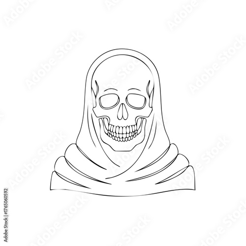 Hooded skull line art illustration. Spooky grinning skeleton head representing death or the Grim Reaper.