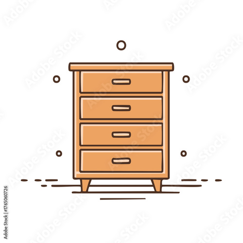Illustration of a wooden chest of drawers with four compartments and simple design elements