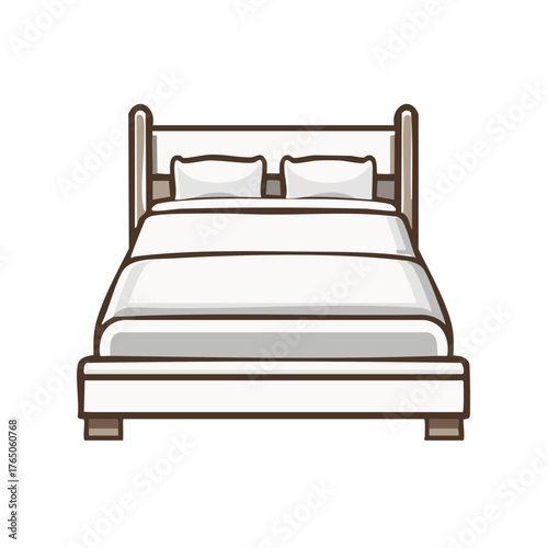 Stylized bed vector art, bedroom furniture, with pillows, bedsheets and a wooden bed frame, bedroom interior element