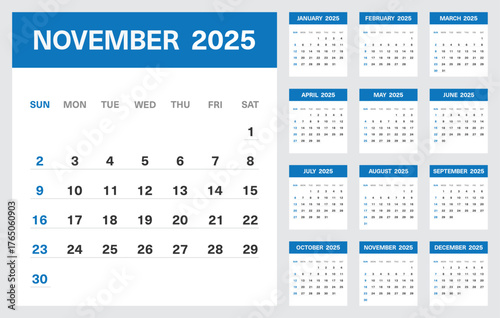 2025 Calendar Template with All Months and Highlighted November Page in Blue Theme