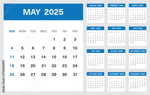 2025 Calendar Template with All Months and Highlighted May Page in Blue Theme