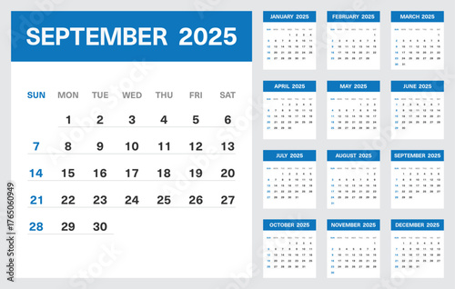 2025 Calendar Template with All Months and Highlighted September Page in Blue Theme