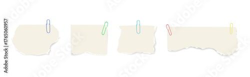 Paper notes with clips. Vector template with blank sheets, sticky notes, and ripped paper pieces for stationery, reminders, or collage design.