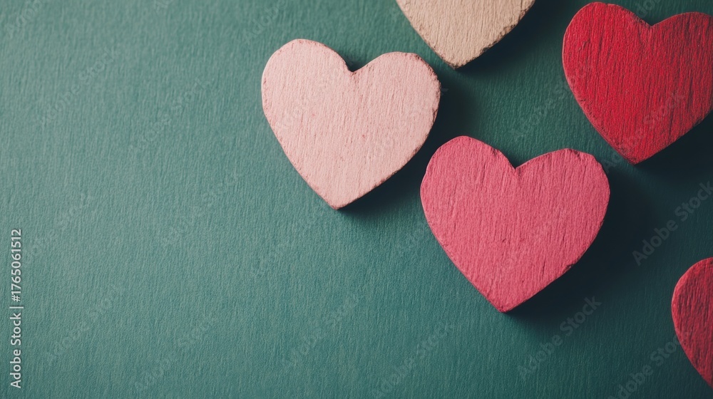 Obraz premium Colorful handmade hearts on a dark green background create a joyful scene
