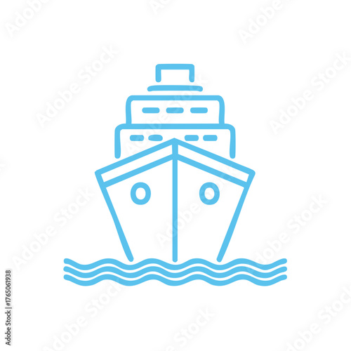 Cruise ship icon. Ocean liner on waves. Minimalist travel symbol in light blue color