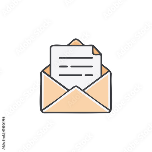 Open envelope with paper document inside simple line art icon communication concept