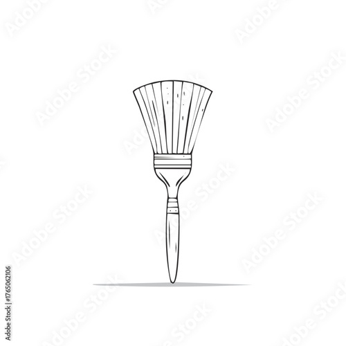 Hand-drawn illustration of a fan-shaped paintbrush with a wooden handle and bristles