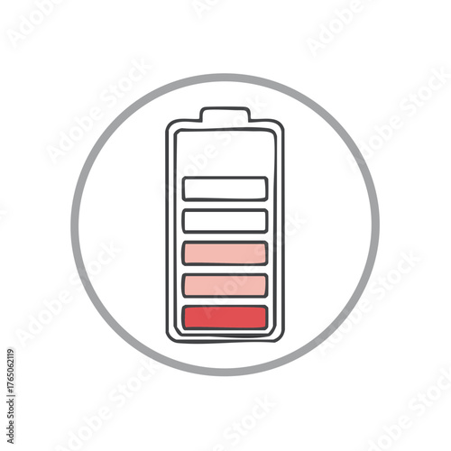Battery level indicator showing low charge in a circular frame