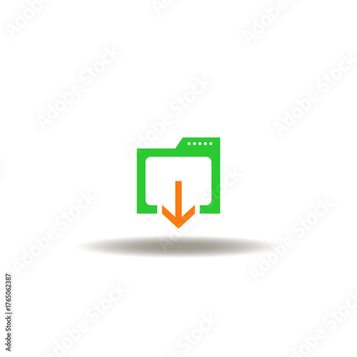 Vector illustration of directory and arrow down. Symbol of download document file. Icon of electronic data downloading or sharing.