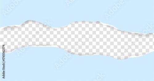 Blue torn paper with rough ripped border and light shadow effect. Realistic horizontal paper strip for banners, posters, and modern vector design.