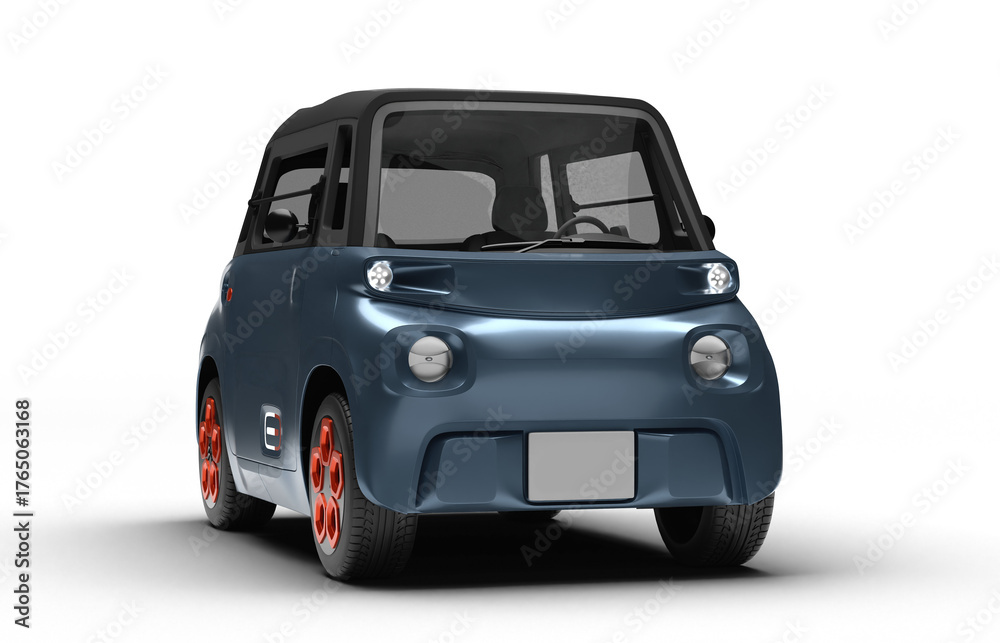 Naklejka premium Realistic 3D render of a bluish-gray colored small electric car, slight right front view, transparent background.