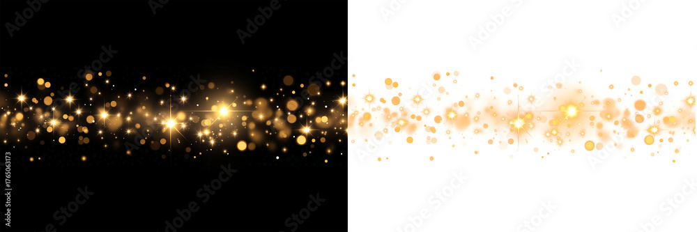Obraz premium Christmas dust glowing bokeh confetti light and glitter texture overlay for your design. Festive sparkling gold dust png. Holiday powder dust for cards, invitations, banners