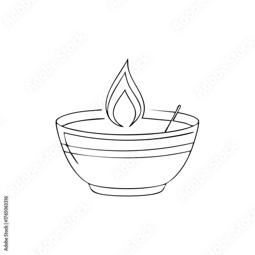 Line art of a diya oil lamp with flame and wick. Perfect for festive or cultural contexts