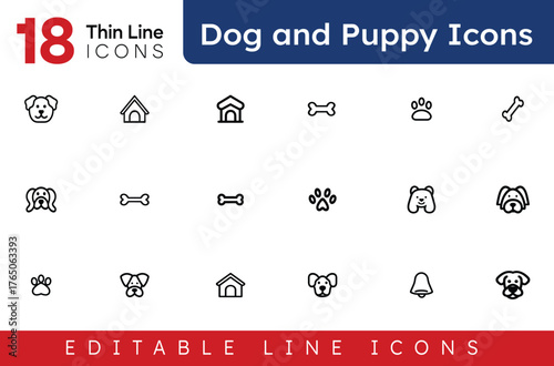 Dog and Puppy Thin Line Icon Set. Outline Vector Icons for Pet Animals, Breeds, and Domestic Care.