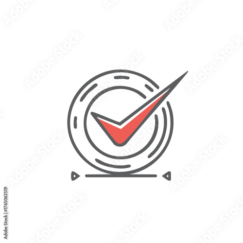Approved Validation: Red Check Mark inside Circle with Points, Modern Line Art Design