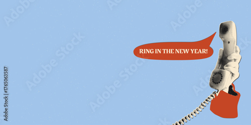 Halftone hand holding retro telephone receiver with red speech bubble saying Ring in the New Year. Modern retro mixed media vector illustration, holiday banner, greeting card template