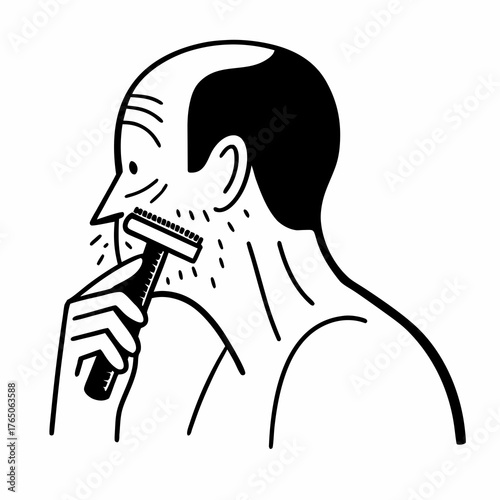 Elderly man shaving with razor while looking in mirror side view  