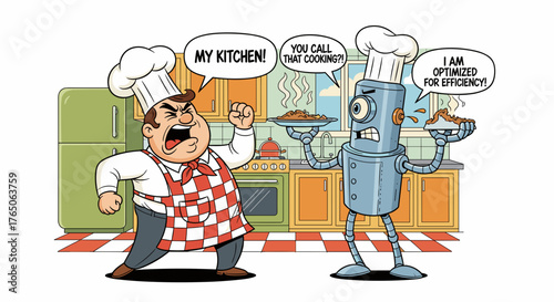 Angry chef arguing with robot in colorful kitchen setting  
