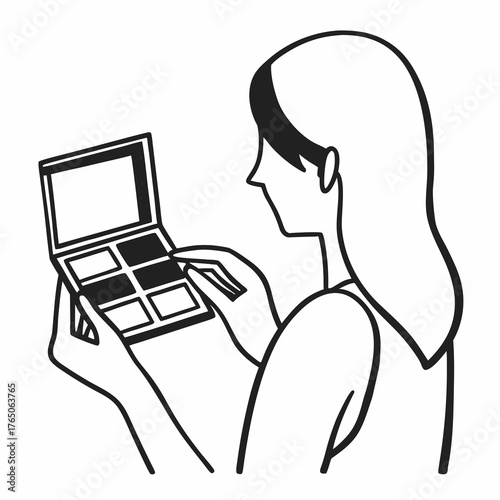Woman applying makeup with cosmetics palette in minimalist style  