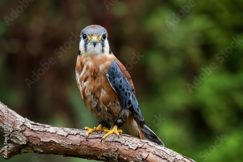 American Kestrel perched on a branch in Mountsberg Conservation Area, showcasing its vibrant plumage and sharp gaze.