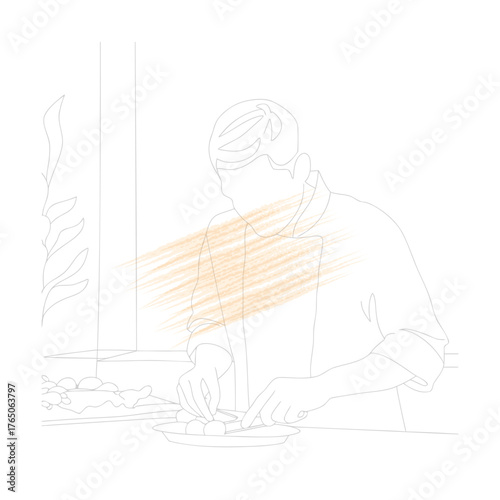 Chef preparing food with knife and skewers cooking