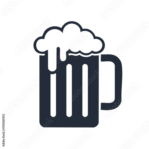 Stylized dark beer mug with frothy head and condensation lines