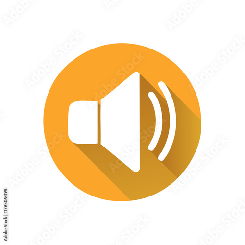 White speaker icon with sound waves on an orange circle with long shadow