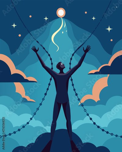 A figure reaching out towards the sky their body intertwined with chains that cannot be seen symbolizing the invisible forces of fate and destiny that hinder their dreams and. Vector illustration