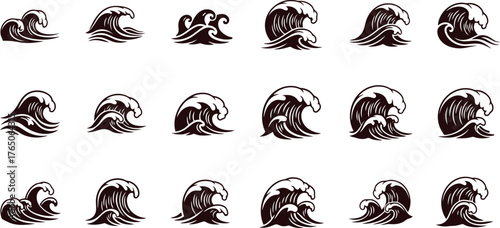Collection of different Vintage Ocean Wave and Sea Storm Crest Vector Illustrations