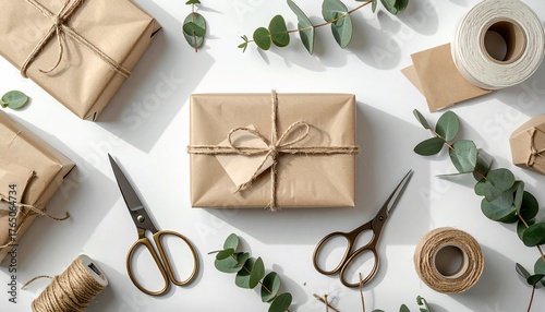 Artisanal gift wrapping with natural elements and crafting essentials, flat lay perspective