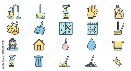 Cleaning products and housekeeping colored icon set