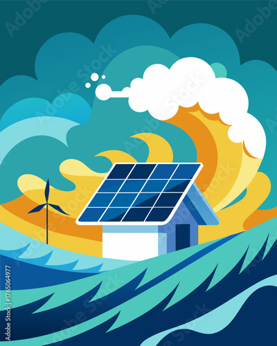 A stormy sea with waves crashing against a solarpowered floating array showcasing its resilience and ability to generate renewable energy even in harsh weather conditions.. Vector illustration