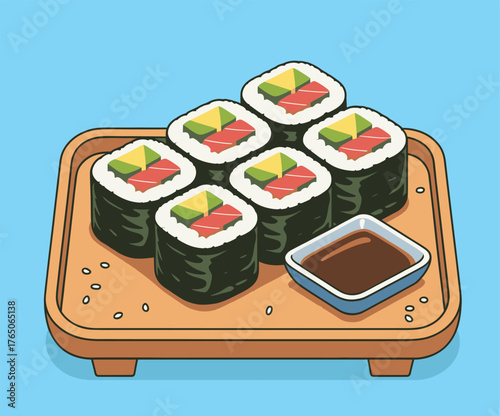 Sushi rolls on a wooden tray with soy sauce for a delicious japanese meal