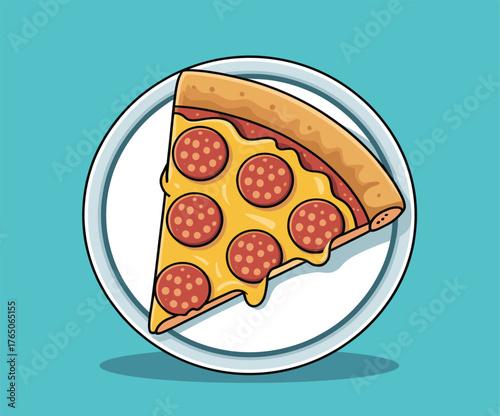 Pepperoni pizza slice on a plate with a blue background illustration art
