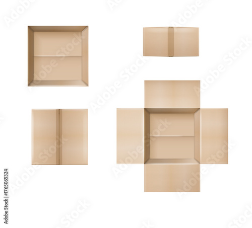 Box. Empty open and closed cardboard box. Realistic cardboard box mockup set from side, front and top view open and closed isolated on white background. Parcel packaging template. Vector