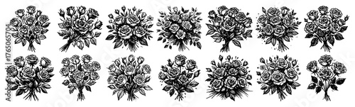 Chrysanthemum bouquet variations – lush autumn blooms captured in vintage monochrome ink illustration set