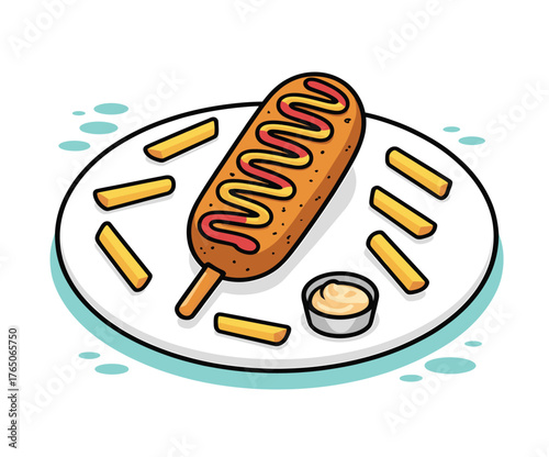 Cartoon corn dog with fries and dipping sauce on a white plate illustration